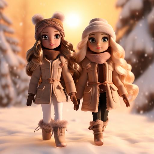 Bratz style girls, dressed for winter, winter scenery, walking in a winter wonderland