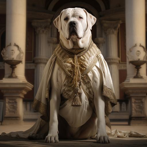 Breed: white spanish mastiff, Character:Nobility and Elegance, Action: Majestically standing in a regal pose, Background: An elegant, Spanish courtyard, Shot Type: Full-body shot,Style: Hyper-realistic, photo realism, cinematography,Format: 16:9
