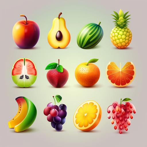 Bright and voluminous fruit icons: strawberry, apple, grape, watermelon, banana, plum, pineapple, lemon, avocado, pomegranate, kiwi, orange, pear, blackberry, peach, cherry