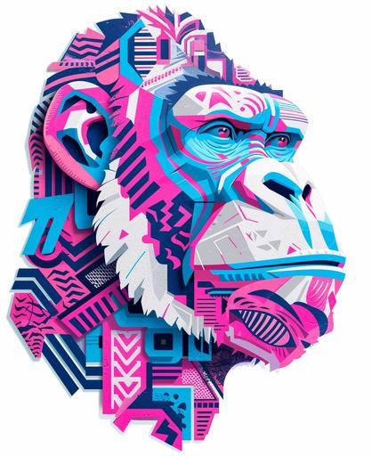 Bright colored collage in a Memphis art style. Gorilla Apollo Plaster head. White blue and Pink colors. Ancient Greek details. White background. Ancient Greek patterns --ar 9:11 --v 6.0