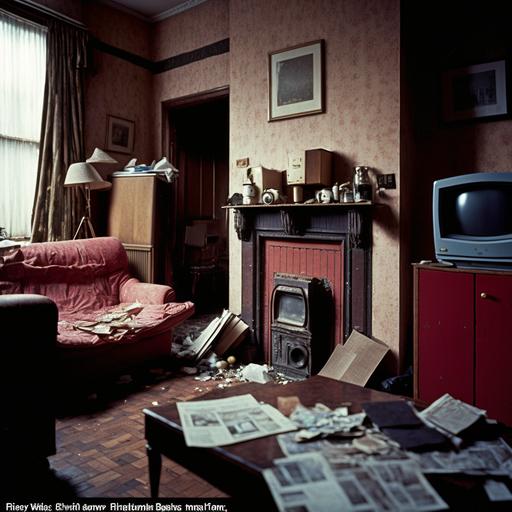 British Living Room, London, 1980s, dusty magazines on the table, untouched, abandoned, Red Curtains, Red Light, Warm Lighting, Light Blue Art, Dead Coral Rose Bouquet in vase, CDs on floor, old picture frames, Victorian fireplace, Yellow Flowers, Light Blue Striped Wallpaper, Red Sofa, Coral Arm Chair, Coffee table with dirty glass, dust everywhere, wood floors, Two Paintings on wall, Pictures of a middle aged woman on wall