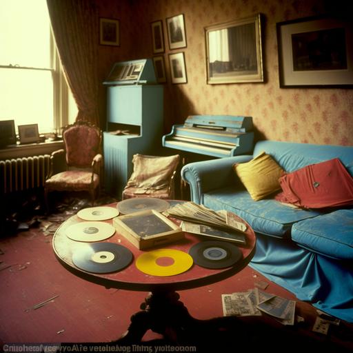 British Living Room, London, 1980s, dusty magazines on the table, untouched, abandoned, Red Curtains, Red Light, Warm Lighting, Light Blue Art, Dead Coral Rose Bouquet in vase, CDs on floor, old picture frames, Victorian fireplace, Yellow Flowers, Light Blue Striped Wallpaper, Red Sofa, Coral Arm Chair, Coffee table with dirty glass, dust everywhere, wood floors, Two Paintings on wall, Pictures of a middle aged woman on wall