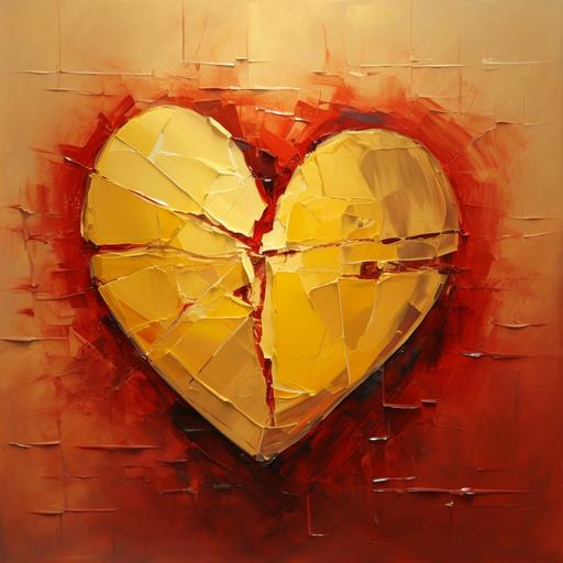 Broken heart in the form of glass, band-aid on heart, simple yet beautiful, glowing red heart and yellow background, oil painting