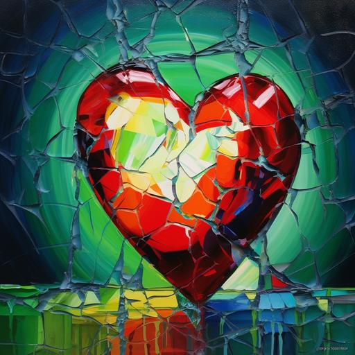Broken heart in the form of glass, multicolor pieces, simple yet beautiful, chains breaking apart, red heart and green background, oil painting