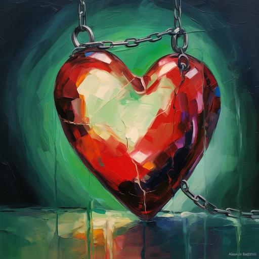Broken heart in the form of glass, multicolor pieces, simple yet beautiful, chains around the heart, red heart and green oil painting as the background