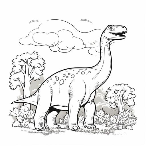 Brontosaurus eating leaves off of trees, clip art style, coloring book style, outline only no shading, black and white