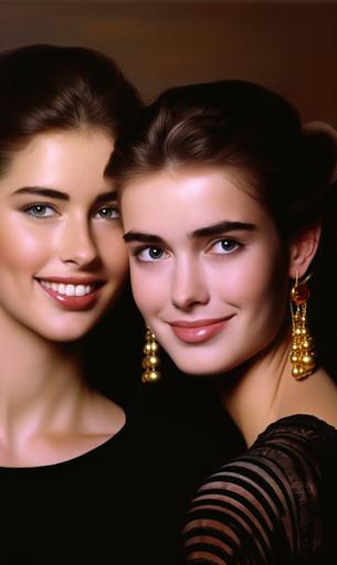 Brooke Sheilds woman with earrings and another woman smiling together, in the style of 1980s, timeless beauty, willard metcalf, death burger, delicate gold detailing, multilayered, dark brown and pink --c 25 --ar 13:22 --s 300