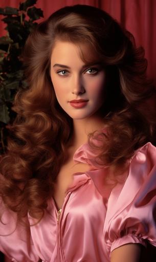 Brooke Shields woman posing with her long long hair, in the style of 1980s, light brown and pink, cobra, salon kei, romantic charm, celebrity and pop culture references, barbizon school --c 25 --ar 13:22 --s 300