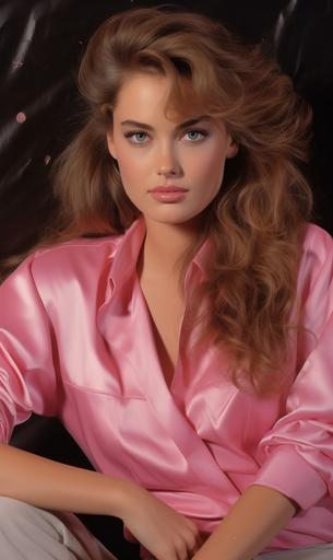 Brooke Shields woman posing with her long long hair, in the style of 1980s, light brown and pink, cobra, salon kei, romantic charm, celebrity and pop culture references, barbizon school --c 25 --ar 13:22 --s 300