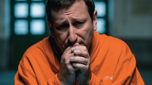 , full body photo, wearing an orange prison jumpsuit, in prison, natural lighting, crying tears, natural features, 35mm lens, global illumination, downlight, dof, --ar 16:9 --v 5