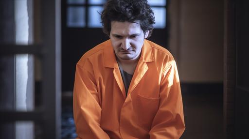 , full body photo, wearing an orange prison jumpsuit, in prison, natural lighting, crying tears, natural features, 35mm lens, global illumination, downlight, dof, --ar 16:9 --v 5