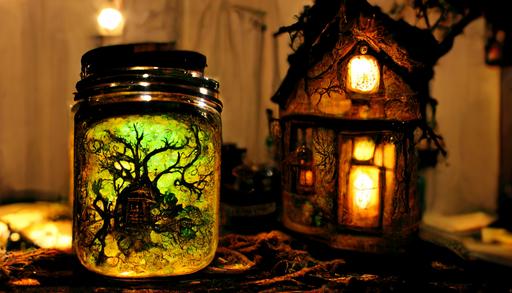 Brown Jenkin,  the witch Keziah Mason,  mason jar with fireflies on small town alley, gaslight street lights, ivy covered witch house, shadows , 5D lightning , Illithid lurking,  orange-white moon, hyperdetailed green-gold ancient runes intricately carved into witch house, moonlight hitting the mason jar, WHite balance, dreams in the witch house, 8k , Nyarlathotep, intricate, horror, dark mode, white balance, early autumn, eerie dusk, Art by H.R. Giger --ar 16:9