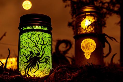 Brown Jenkin, the witch Keziah Mason, mason jar with fireflies on small town alley, gaslight street lights, ivy covered witch house, shadows , 5D lightning , Illithid lurking, orange-white moon, hyperdetailed green-gold ancient runes intricately carved into witch house, moonlight hitting the mason jar, WHite balance, dreams in the witch house, 8k , Nyarlathotep, intricate, horror, dark mode, white balance, early autumn, eerie dusk, Art by H.R. Giger --ar 16:9 --test --creative --upbeta --upbeta
