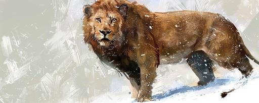 Brown Woolly Cave Lion, Narnia, Painted, Simple, Illustration, Character Design --ar 5:2