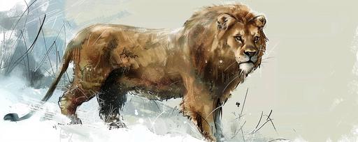Brown Woolly Cave Lion, Narnia, Painted, Simple, Illustration, Character Design --ar 5:2
