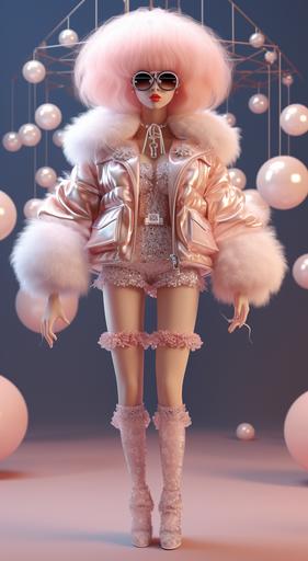 Brown ball head female model, fluffy transparent colorful jacket with daisy pattern on it, dark tight cashmere sweater, exaggerated sunglasses, short skirt with lace embroidery, calf socks, thick soled Mary Jane shoes, pink bag, 3d art, C4D, very high definition 4K image --ar 6:11