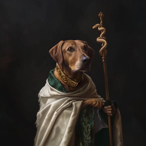 Brown dog cleric wearing white and green robes with gold accents, holding ornate gold staff with snake, full body, serious expression, plain background, professional photo shoot, highly detailed, ar 4:5 --v 6.0