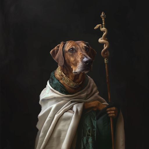 Brown dog cleric wearing white and green robes with gold accents, holding ornate gold staff with snake, full body, serious expression, plain background, professional photo shoot, highly detailed, ar 4:5