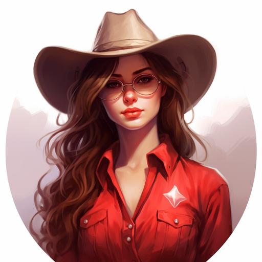 Brown hair, Woman, white cowboy hat, Deputy badge on chest, Western style, Old looking, Red shirt, Red and black make up, Small round eye glasses