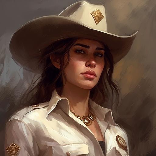 Brown hair, Woman, white cowboy hat, Deputy badge on chest, Western style, Old looking