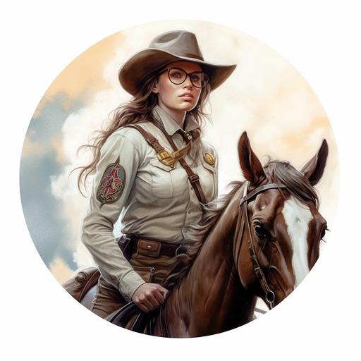 Brown hair, woman, white cowboy hat, Deputy badge on chest, Old looking, Small round glasses, Riding a horse