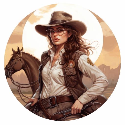 Brown hair, woman, white cowboy hat, Deputy badge on chest, Old looking, Small round glasses, Riding a horse