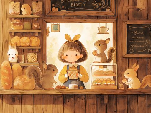 Brown tone, watercolor painting, watercolor style. In a wooden bakery cabin, various types of bread and small cakes are placed on the wooden glass counter. A cute girl serves animal customers in front of the wooden counter. Animal customers include squirrels, birds, and hamsters. The price list is written on the blackboard above the counter, and some animal customers sit on the bakery chair, eating bread and drinking coffee,with a flat style, illustration style, cartoon style, refreshing visuals, watercolor style, and flat painting，8k,HD, --ar 4:3 --niji 6