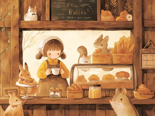 Brown tone, watercolor painting, watercolor style. In a wooden bakery cabin, various types of bread and small cakes are placed on the wooden glass counter. A cute girl serves animal customers in front of the wooden counter. Animal customers include squirrels, birds, and hamsters. The price list is written on the blackboard above the counter, and some animal customers sit on the bakery chair, eating bread and drinking coffee,with a flat style, illustration style, cartoon style, refreshing visuals, watercolor style, and flat painting，8k,HD, --ar 4:3 --niji 6