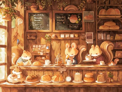 Brown tone, watercolor painting, watercolor style. In a wooden bakery cabin, various types of bread and small cakes are placed on the wooden glass counter. A cute girl serves animal customers in front of the wooden counter. Animal customers include squirrels, birds, and hamsters. The price list is written on the blackboard above the counter, and some animal customers sit on the bakery chair, eating bread and drinking coffee,with a flat style,8k,HD, --ar 4:3 --niji 6