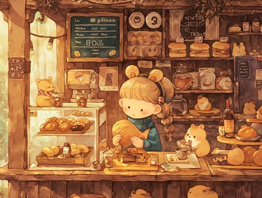 Brown tone, watercolor painting, watercolor style. In a wooden bakery cabin, various types of bread and small cakes are placed on the wooden glass counter. A cute girl serves animal customers in front of the wooden counter. Animal customers include squirrels, birds, and hamsters. The price list is written on the blackboard above the counter, and some animal customers sit on the bakery chair, eating bread and drinking coffee,with a flat style,8k,HD, --ar 4:3 --niji 6