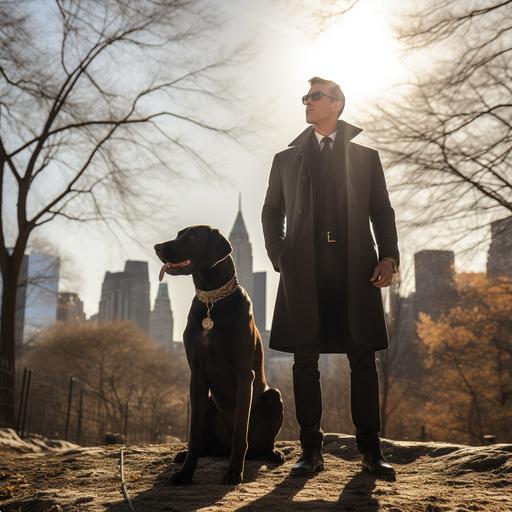 Bruce Wayne and a beautiful, large black, Great Dane at a New York City dog park, sunshine, intricate details, dynamic lighting, cinematic