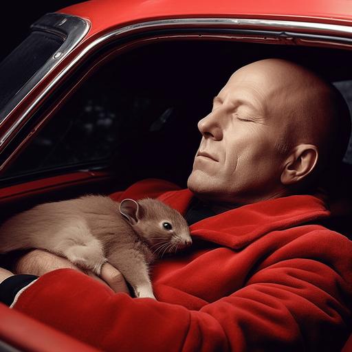 Bruce Willis sleeping in a red car with a dead squirrel