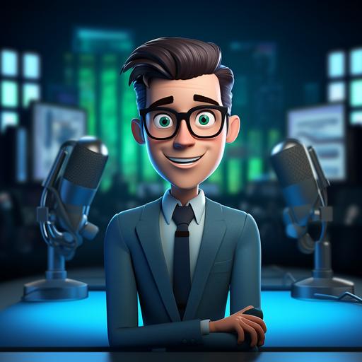Brunette news anchor, with hipster glasses, in a blue suit and black tie, on his blue and green television forum as if it were a Disney Pixar 3D animated film.