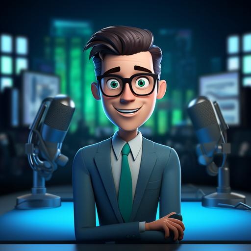 Brunette news anchor, with hipster glasses, in a blue suit and black tie, on his blue and green television forum as if it were a Disney Pixar 3D animated film.