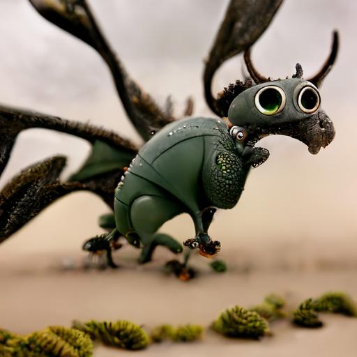 grey dragon wearing a green cartoon beetle costume, highly detailed, big eyes, pinecone forest background, rendered in octane, -aspect 16:9