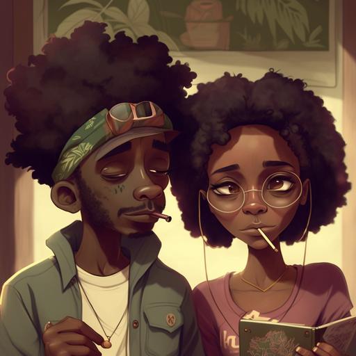 A realistic cartoon black couple enjoying a weed joint:: --v 4