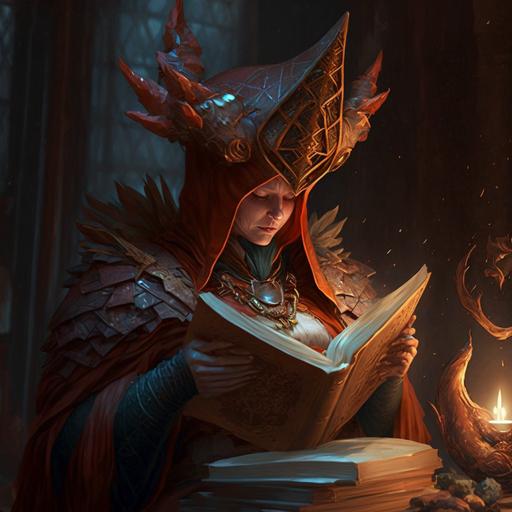 Bryce Dallas Howard Dragon gnome priest, onion bulb hat, reading a holy book, form fitted robe made of terracotta tiles, by Raymond Swanland