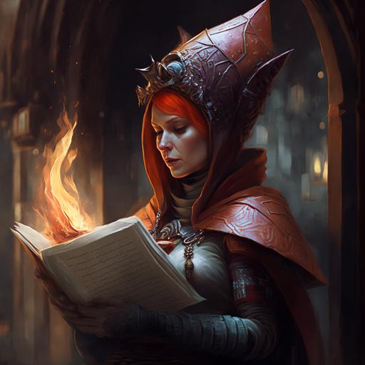 Bryce Dallas Howard Dragon gnome priest, onion bulb hat, reading a holy book, form fitted robe made of terracotta tiles, by Raymond Swanland