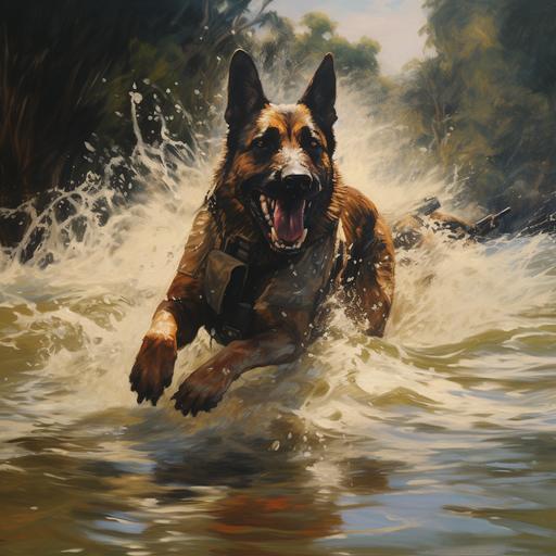 an oil painting of a Belgian Malinois war dog swimming through a river whilst under fire from an enemy fighter, bullet rounds splashe in the river beside the dog as he swims. it should feel like the movie dog starring channing tatum