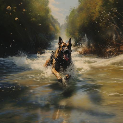 an oil painting of a Belgian Malinois war dog swimming through a river whilst under fire from an enemy fighter, bullet rounds splashe in the river beside the dog as he swims. it should feel like the movie dog starring channing tatum