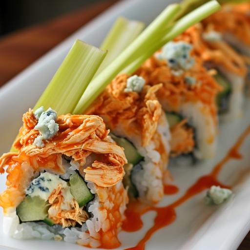 Buffalo Chicken Sushi: Imagine a sushi roll filled with spicy buffalo chicken, shredded and coated in a vibrant, orange-hot sauce. Bits of crunchy celery and crumbles of tangy blue cheese are mixed in. The roll is wrapped in a bed of fluffy white rice, and each piece is topped with a thin celery slice and a drizzle of blue cheese dressing. --v 6.0