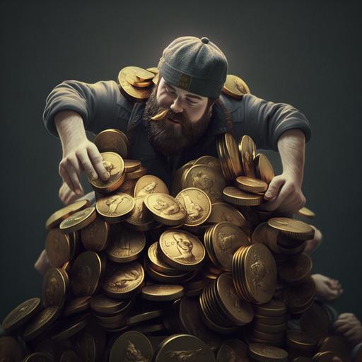 a bearded man wearing a flat bill ball cap standing on a giant pile of gold coins, he is surrounded by friends, he is handing out gold coins to men, character, ultrarealistic, 4k photo, v--5