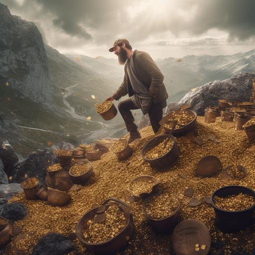a man shovels gold coins into buckets as he stands on a massive mountain of gold coins, he is surrounded by friends, he is shoveling gold coins to men, raining gold coins, character, photo realistic, Cinematic, portrait Photography, studio photography, Depth of Field, hyper - detailed, insane details, intricate details, beautifully color graded, Photoshoot, Soft Lighting, Ray Traced, insanely detailed and intricate, hypermaximalist, hyper realistic, super detailed, photography --v 5