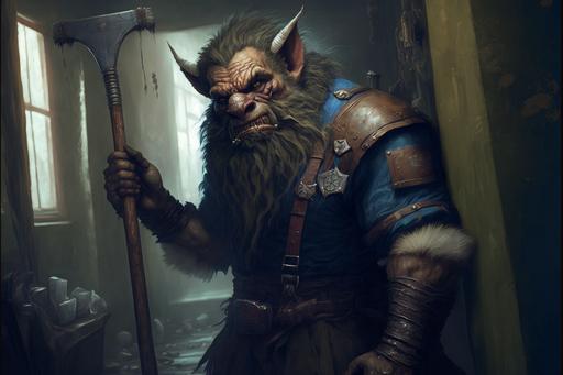 Bugbear character completely covered in hair and in a Janitor uniform. Carrying a mop. Sharn, Eberron. Magitek. In the style of Gerald Brom. 8k. meticulous painting. Cinematic shot. Moody lighting. --ar 3:2 --v 4