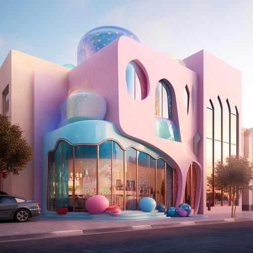 Build me an ice cream shop, the exterior of the building is inspired by the city of Yazd, Iran, and blue, pink, blue green, and purple colors are used, and colored glass is used