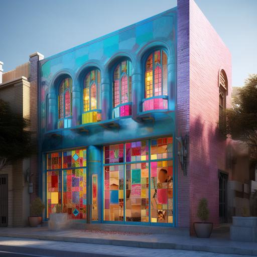 Build me an ice cream shop, the exterior of the building is inspired by the city of Yazd, Iran, and blue, pink, blue green, and purple colors are used, and colored glass is used
