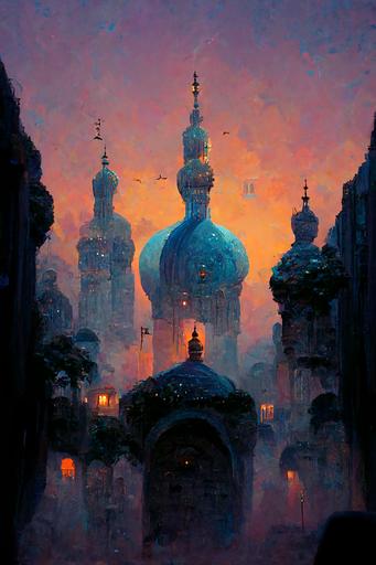 magic the gathering :: constantinople :: oriental garden :: white and blue arabic palace :: large city :: shining bubbles on the buildings :: dusk mood :: roman arena :: byzantine :: bazarre :: arabian nights :: magical :: babylonian statues :: alchemist structures --ar 21:30