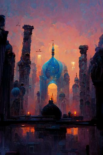 magic the gathering :: constantinople :: oriental garden :: white and blue arabic palace :: large city :: shining bubbles on the buildings :: dusk mood :: roman arena :: byzantine :: bazarre :: arabian nights :: magical :: babylonian statues :: alchemist structures --ar 21:30