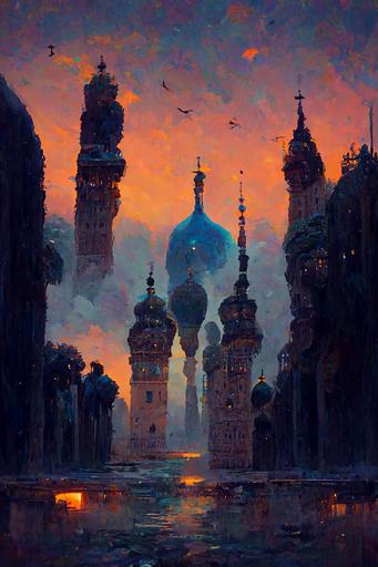 magic the gathering :: constantinople :: oriental garden :: white and blue arabic palace :: large city :: shining bubbles on the buildings :: dusk mood :: roman arena :: byzantine :: bazarre :: arabian nights :: magical :: babylonian statues :: alchemist structures --ar 21:30