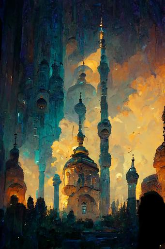 magic the gathering :: constantinople :: oriental garden :: white and blue arabic palace :: large city :: shining bubbles on the buildings :: dusk mood :: roman arena :: byzantine :: bazarre :: arabian nights :: magical :: babylonian statues :: alchemist structures --ar 21:30